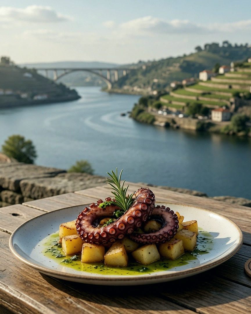 A plate of polvo à lagareiro on a table overlooking the Douro Valley