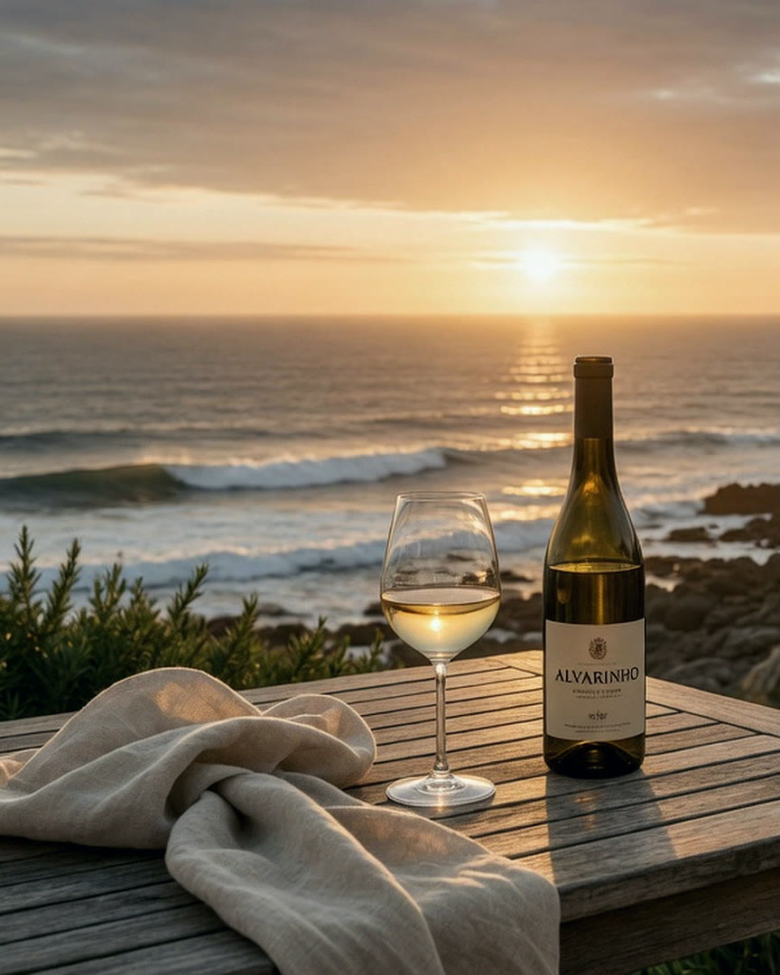 A bottle of Alvarinho and a glass on a wooden table above the Atlantic at sunset